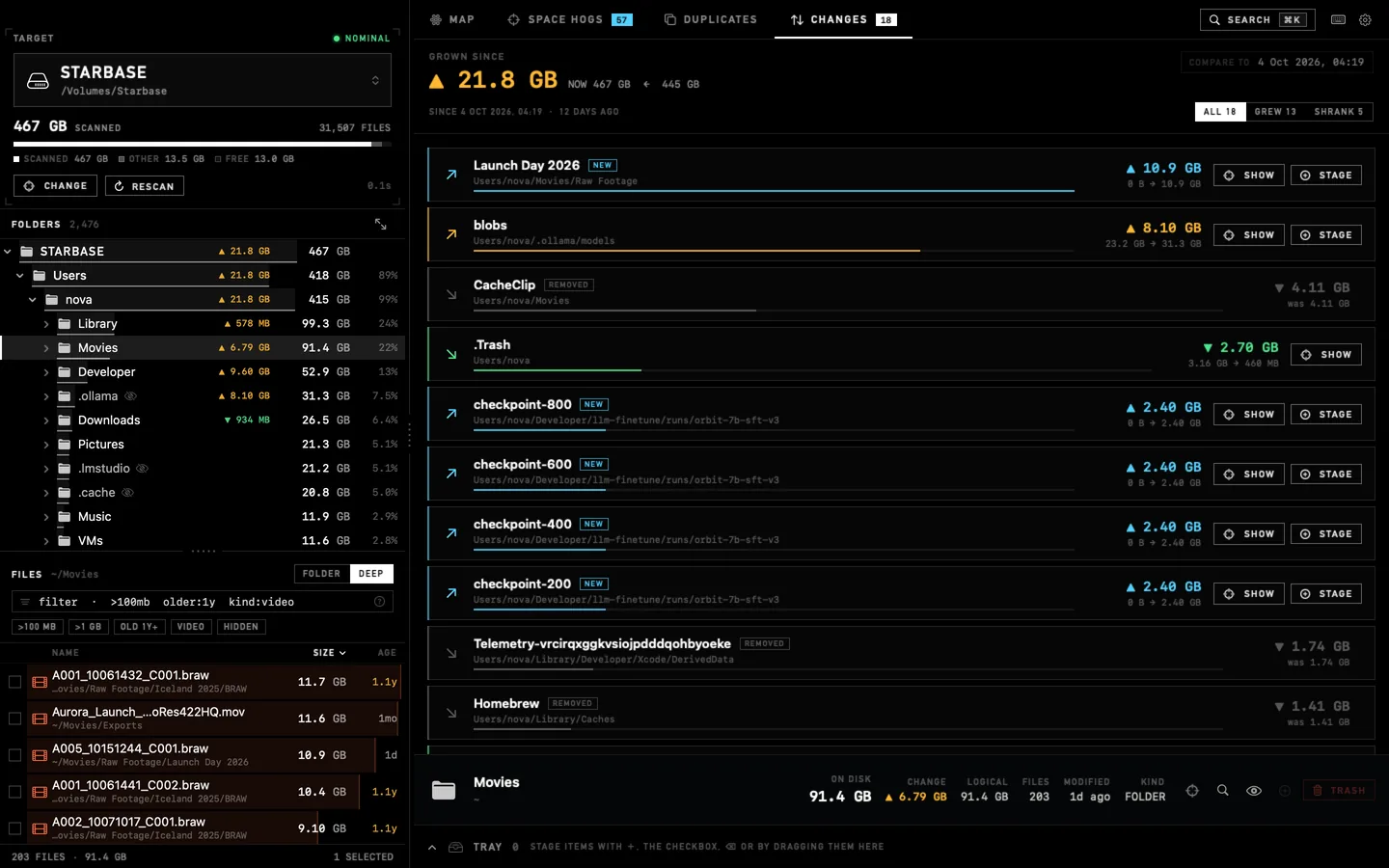 The Changes tab: 21.8 GB grown since 4 October, with new folders, removed folders and growth bars