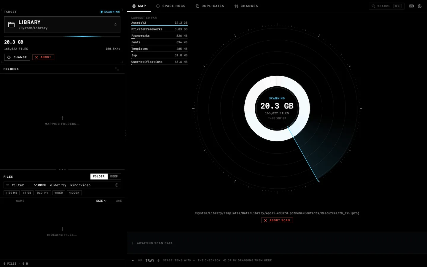 Ullage mid-scan: a radar-style ring fills as 149,308 files are indexed at 141.6 thousand files per second